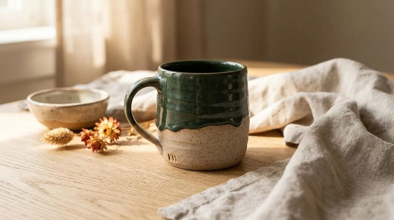 A green glazed mug on linen in soft window light, made by Nova for Kiln Hour