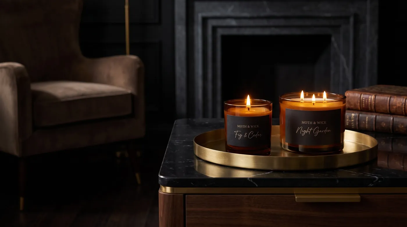 Amber candles glowing on dark marble, made by Nova for Moth and Wick