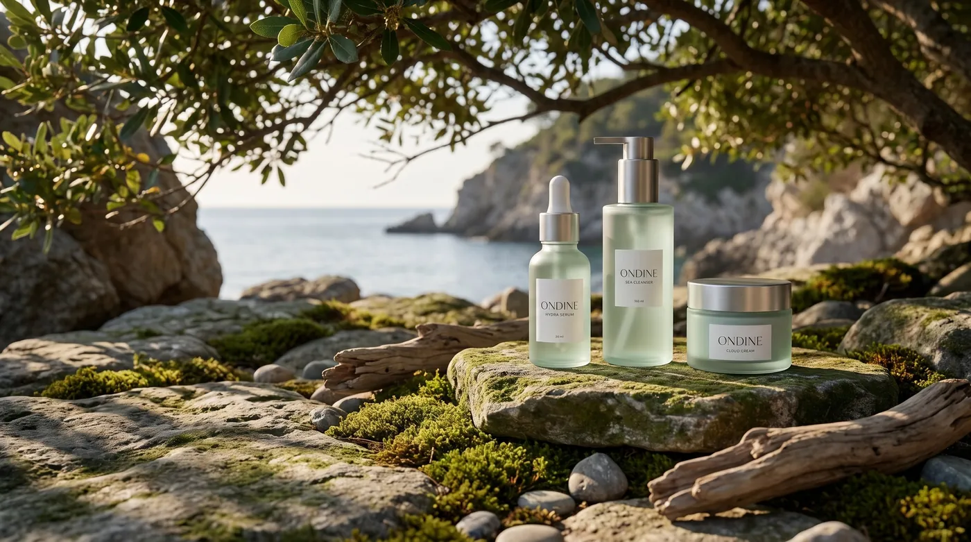 The same bottles on mossy rocks above the sea, made by Nova for Ondine